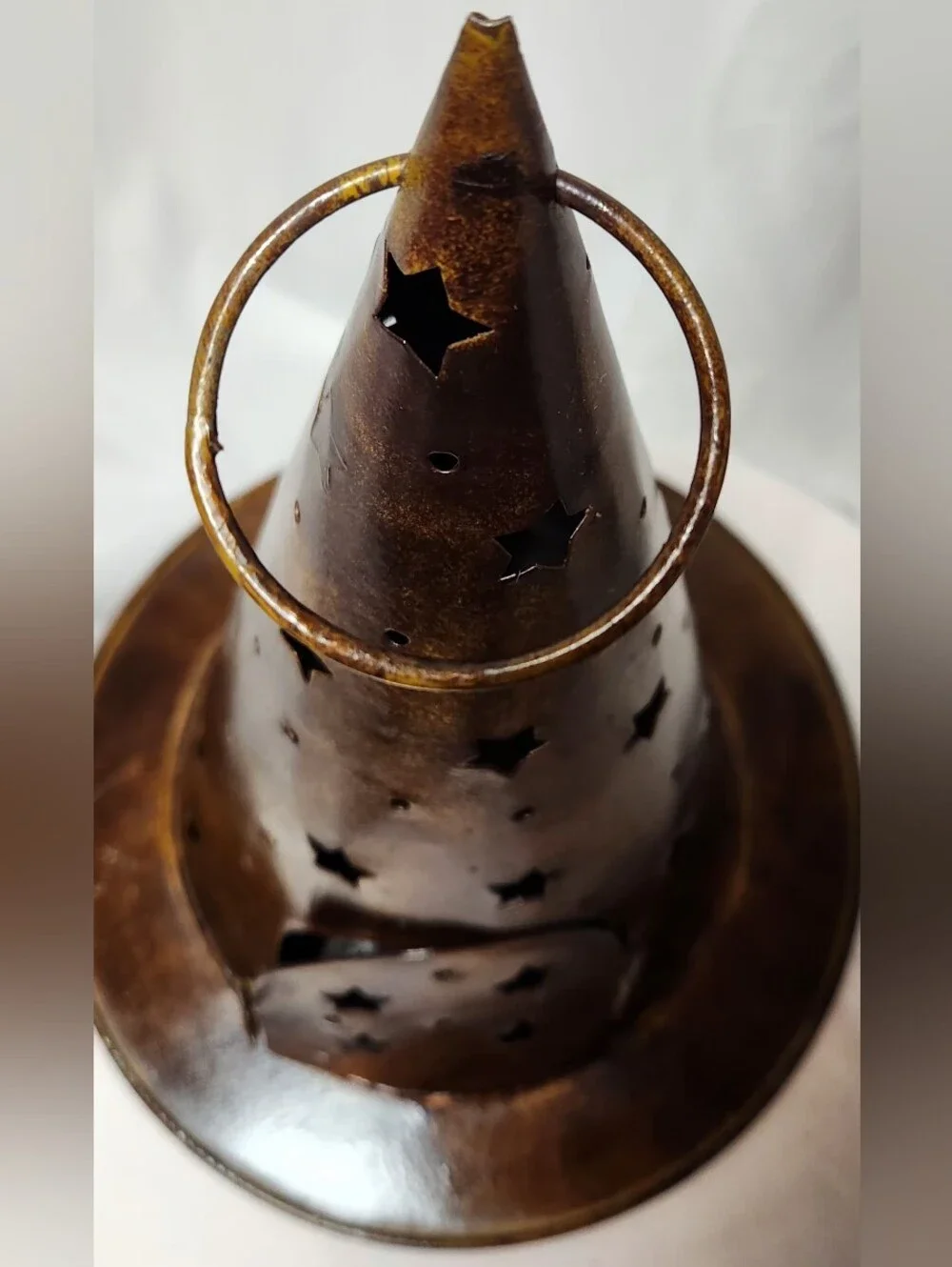 Rustic Metal Witch Hat Candle Holder With Punched Out Stars & Front Hinged Door